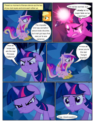 Size: 612x792 | Tagged: safe, artist:newbiespud, edit, edited screencap, screencap, applejack, princess cadance, rainbow dash, twilight sparkle, alicorn, earth pony, pegasus, pony, unicorn, comic:friendship is dragons, a canterlot wedding, g4, angry, cave, comic, crap, crystal, dialogue, female, freckles, glowing horn, good question, hat, horn, injured, mare, messy mane, reflection, screencap comic, sneer, unicorn twilight, worried