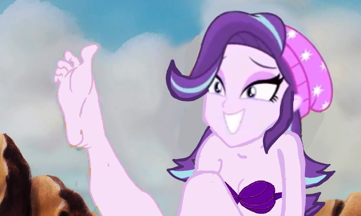 2476192 - suggestive, artist:devinquinnart, edit, starlight glimmer,  mermaid, equestria girls, g4, 1000 hours in ms paint, bare shoulders,  barefoot, bra, breasts, cleavage, crossover, cute, feet, female, happy,  seashell bra, smiling, solo, solo