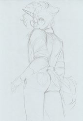 Size: 1110x1626 | Tagged: safe, artist:longinius, sunburst, anthro, g4, ass, butt, clothes, facial hair, glasses, hand in pocket, looking at you, looking back, male, sketch, solo, traditional art