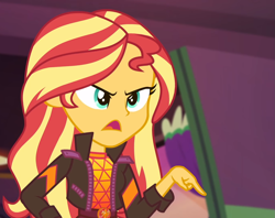 Size: 1361x1080 | Tagged: safe, screencap, sunset shimmer, equestria girls, equestria girls series, g4, my little pony equestria girls: sunset's backstage pass, spoiler:eqg series (season 2), angry, cropped, open mouth, pointing, solo