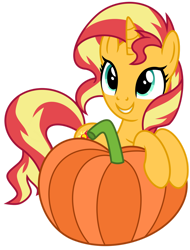 Size: 1024x1348 | Tagged: safe, artist:emeraldblast63, sunset shimmer, pony, unicorn, g4, female, horn, pumpkin, simple background, solo, tail, transparent background