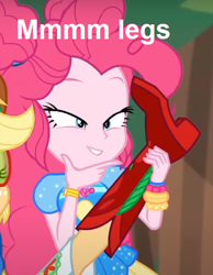Size: 384x494 | Tagged: safe, edit, edited screencap, screencap, applejack, pinkie pie, accountibilibuddies, equestria girls, equestria girls series, g4, spoiler:eqg series (season 2), accountibilibuddies: pinkie pie, applejack's hat, boots, clothes, context is for the weak, cowboy boots, cowboy hat, cropped, dress, eyebrows, eyelashes, geode of sugar bombs, glasses, hat, holding, legs, magical geodes, offscreen character, outdoors, pictures of legs, pinkie being pinkie, shoes, teeth, text, text edit, tree, wristband