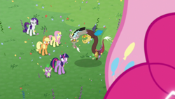 Size: 1920x1080 | Tagged: safe, screencap, applejack, discord, fluttershy, pinkie pie, rarity, spike, twilight sparkle, alicorn, draconequus, dragon, earth pony, pegasus, pony, g4, season 9, the ending of the end, chaos pinkie, confetti, female, flying, folded wings, frown, giant pony, giantess, group, macro, male, mare, mismatched wings, open mouth, open smile, septet, smiling, spread wings, teeth, twilight sparkle (alicorn), winged spike, wings