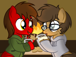 Size: 1600x1200 | Tagged: safe, artist:toyminator900, oc, oc only, oc:binky, oc:chip, hybrid, pegasus, pony, zony, bread, chocolate, clothes, duo, fireplace, food, freckles, glasses, hoodie, hot chocolate, marshmallow, pegasus oc, wings, zony oc