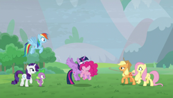 Size: 1920x1080 | Tagged: safe, screencap, applejack, fluttershy, pinkie pie, rainbow dash, rarity, spike, twilight sparkle, alicorn, dragon, pony, g4, the ending of the end, mane seven, mane six, twilight sparkle (alicorn), winged spike, wings