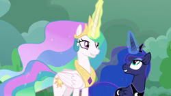 Size: 1920x1080 | Tagged: safe, screencap, princess celestia, princess luna, alicorn, pony, g4, the ending of the end, female, glowing horn, horn, mare, royal sisters, siblings, sisters