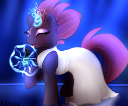 Size: 2777x2304 | Tagged: safe, artist:hollistars, fizzlepop berrytwist, tempest shadow, pony, unicorn, g4, broken horn, clothes, dress, eurovision song contest, eye scar, eyes closed, female, glowing horn, high res, horn, magic, mare, microphone, scar, signature, singing, solo, sparking horn, tail, telekinesis, white dress