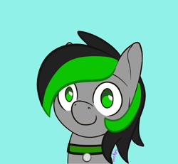 Size: 1024x946 | Tagged: safe, artist:inkynotebook, part of a set, oc, oc only, earth pony, pony, blue background, bust, collar, commission, earth pony oc, signature, simple background, smiling, solo, ych result