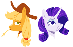 Size: 1908x1218 | Tagged: safe, artist:ursidaze, applejack, rarity, earth pony, pony, unicorn, g4, applejack's hat, bust, cowboy hat, duo, female, hat, mare, portrait, simple background, smiling, straw in mouth, white background
