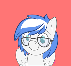 Size: 720x665 | Tagged: safe, artist:inkynotebook, part of a set, oc, oc only, pegasus, pony, bust, commission, glasses, pegasus oc, signature, simple background, smiling, solo, wings, ych result