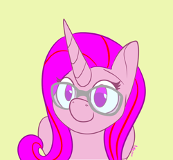 Size: 720x665 | Tagged: safe, artist:inkynotebook, part of a set, oc, oc only, pony, unicorn, bust, commission, glasses, horn, signature, simple background, smiling, solo, unicorn oc, ych result
