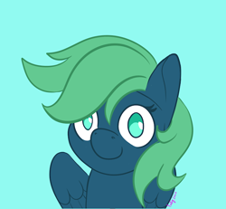 Size: 720x665 | Tagged: safe, artist:inkynotebook, part of a set, oc, oc only, oc:emerald, pegasus, pony, bust, commission, pegasus oc, signature, simple background, smiling, solo, wings, ych result