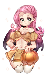 Size: 776x1214 | Tagged: safe, artist:kmprsyaa, fluttershy, bat pony, human, g4, adorasexy, bat ponified, belly button, breasts, cleavage, cute, flutterbat, hand on hip, humanized, midriff, pumpkin, race swap, sexy, simple background, smiling, solo, white background, winged humanization, wings