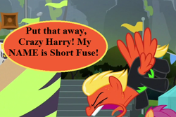 Size: 576x384 | Tagged: safe, edit, edited screencap, editor:korora, screencap, scootaloo, short fuse, g4, the washouts (episode), angry, clothes, cropped, implied crazy harry, speech, speech bubble, talking, the muppet show, the muppets, this will end in explosions, uh oh, uniform, washouts uniform