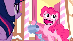 Size: 1920x1080 | Tagged: safe, edit, edited screencap, screencap, pinkie pie, twilight sparkle, alicorn, earth pony, pony, g4, pinkie pride, awesome face, cutie mark, meme, sugarcube corner, twilight sparkle (alicorn), watering can