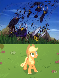Size: 508x665 | Tagged: safe, edit, edited screencap, screencap, applejack, bats!, g4, bombshell (insecticon), clash of hasbro's titans, comparison, insecticons, kickback, plague of insecticons, shrapnel, transformers, worried