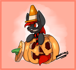 Size: 2518x2318 | Tagged: safe, artist:moonrunes, oc, oc only, oc:ryanthecone, earth pony, pony, gift art, halloween, halloween (movie), high res, holiday, knife, pumpkin, traffic cone