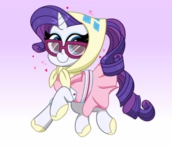 Size: 4096x3478 | Tagged: safe, artist:kittyrosie, rarity, pony, unicorn, g4, camping outfit, cute, female, floating heart, glasses, gradient background, heart, high res, mare, raribetes, smiling at you, solo