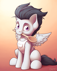 Size: 3200x4000 | Tagged: safe, artist:ohemo, rumble, pegasus, pony, g4, apron, clothes, colt, cute, foal, male, mouth hold, naked apron, rumblebetes, solo, spoon, wooden spoon