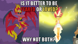 Size: 700x394 | Tagged: safe, edit, edited screencap, screencap, sunset shimmer, demon, equestria girls, g4, my little pony equestria girls, my little pony equestria girls: friendship games, bare shoulders, big crown thingy, canterlot high, caption, daydream shimmer, element of magic, female, horn, image macro, jewelry, regalia, sleeveless, solo, strapless, sunset satan, text, wings