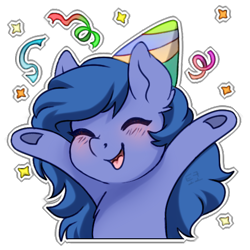 Size: 512x512 | Tagged: safe, artist:tokokami, oc, oc only, oc:shadow blue, pony, blushing, confetti, cute, female, hat, party hat, simple background, solo, sticker, transparent background