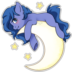 Size: 512x512 | Tagged: safe, artist:tokokami, oc, oc only, oc:shadow blue, pony, blushing, crescent moon, cute, female, moon, simple background, solo, sticker, tangible heavenly object, transparent background