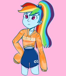 Size: 1024x1182 | Tagged: safe, artist:pettypop, rainbow dash, human, equestria girls, g4, clothes, ear piercing, female, hand on hip, hoodie, humanized, midriff, oversized clothes, piercing, pink background, ponytail, shorts, simple background, solo