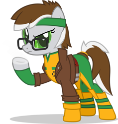 Size: 1280x1348 | Tagged: safe, artist:mlp-trailgrazer, oc, oc only, oc:pickfairy, pony, clothes, female, glasses, hoof gloves, mare, rogue (x-men), simple background, solo, transparent background