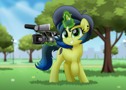 Size: 800x573 | Tagged: safe, artist:jhayarr23, oc, oc only, oc:pauly sentry, pony, unicorn, camera, female, magic, mare, movie accurate, park, solo, tree