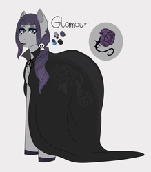 Size: 1928x2196 | Tagged: safe, artist:hahyh, oc, oc only, oc:glamour, earth pony, pony, cloak, clothes, eyeshadow, goth, gray background, magical lesbian spawn, makeup, male, offspring, parent:maud pie, parent:rarity, parents:rarimaud, simple background, solo, stallion