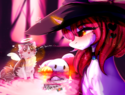 Size: 4100x3100 | Tagged: safe, artist:krissstudios, oc, oc only, oc:yuko chan, cat, pony, unicorn, bread, candle, female, food, halo, hat, mare, solo, witch hat