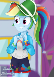 Size: 1500x2121 | Tagged: safe, artist:nadiakaizane, rainbow dash, equestria girls, equestria girls series, g4, spoiler:eqg series (season 2), arm band, bracelet, clothes, cute, dashabetes, female, grin, hat, jacket, jewelry, music festival outfit, ponytail, shorts, smiling, solo