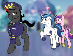 Size: 4184x3212 | Tagged: safe, artist:registereduser, derpibooru exclusive, king sombra, princess cadance, shining armor, alicorn, pony, unicorn, g4, bottomless, butt, clothes, distracted boyfriend meme, dock, female, gay, gay in front of girls, implied gay, infidelity, infidelity armor, lovebutt, male, meme, partial nudity, plot, plot pair, ship:shiningsombra, shipping, stupid sexy sombra, tail, uniform, wonderbolts uniform