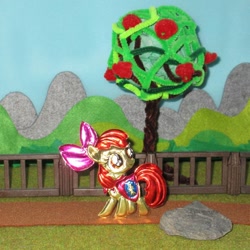 Size: 894x894 | Tagged: safe, alternate version, artist:malte279, part of a set, apple bloom, earth pony, pony, g4, craft, embossing, irl, metal foil, photo, playmobil, relief