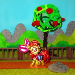 Size: 1024x1024 | Tagged: safe, artist:malte279, part of a set, apple bloom, earth pony, pony, g4, craft, embossing, irl, metal foil, photo, playmobil, relief