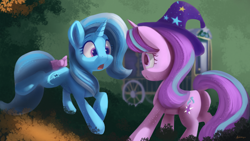 Size: 4038x2271 | Tagged: safe, artist:auroriia, starlight glimmer, trixie, pony, unicorn, accessory swap, alternate hairstyle, autumn, bow, butt, clothes, duo, duo female, female, hat, high res, leaves, mare, plot, tail bow, trixie's hat, trixie's wagon, wagon