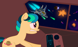 Size: 3640x2220 | Tagged: safe, artist:wyattstonencc96230a, oc, oc only, oc:apogee, earth pony, pony, explosion, female, high res, laser, mare, older apogee, planet, sabre xf-23 interceptor, scarab k.l.a.w. interceptor, scared, snap ships, solo, space, space battle, sun, wingless