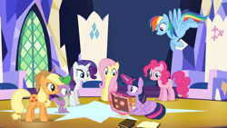 Size: 1920x1080 | Tagged: safe, screencap, applejack, fluttershy, pinkie pie, rainbow dash, rarity, spike, twilight sparkle, alicorn, dragon, earth pony, pegasus, pony, unicorn, equestria girls, g4, my little pony equestria girls: rainbow rocks, book, mane seven, mane six, twilight sparkle (alicorn), twilight's castle