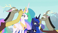 Size: 1920x1080 | Tagged: safe, screencap, discord, princess celestia, princess luna, draconequus, g4, the ending of the end