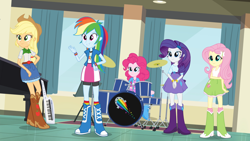 Size: 1920x1080 | Tagged: safe, screencap, applejack, fluttershy, pinkie pie, rainbow dash, rarity, equestria girls, g4, my little pony equestria girls: rainbow rocks, drums, humane five, keytar, musical instrument, piano