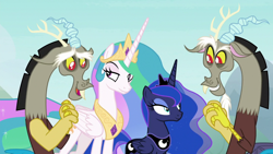 Size: 1920x1080 | Tagged: safe, screencap, discord, princess celestia, princess luna, g4, the ending of the end, cute, discute