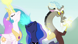 Size: 1920x1080 | Tagged: safe, screencap, discord, princess celestia, princess luna, alicorn, draconequus, pony, g4, the ending of the end, crown, glowing, glowing horn, grin, horn, imminent attack, jewelry, lightning, magic, pathetic, regalia, smiling, trio