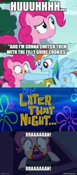 Size: 500x1125 | Tagged: safe, edit, edited screencap, editor:rarity vrymer collective, screencap, pinkie pie, rainbow dash, pony, undead, zombie, zombie pony, 28 pranks later, g4, caption, cookie zombie, dialogue, female, image macro, imgflip, later, later that night, makeameme.org, meme, multicolored hair, multicolored mane, multicolored tail, rainbow muzzle, solo, spongebob squarepants, spongebob time card, tail, text, the krusty slammer, the loud house