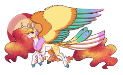 Size: 2600x1588 | Tagged: safe, artist:inuhoshi-to-darkpen, princess celestia, alicorn, pony, g4, alternate design, cloven hooves, colored wings, curved horn, ear fluff, ethereal mane, horn, hybrid wings, multicolored wings, redesign, simple background, solo, starry mane, tail feathers, transparent background, unshorn fetlocks, wings