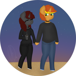 Size: 2713x2713 | Tagged: safe, artist:embermare, artist:emberstoneeqf, oc, oc:ember stone, oc:radray, unicorn, anthro, beach, clothes, couple, cute, female, high res, male, relationship, sunset, walk