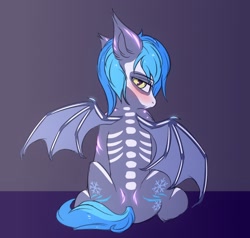 Size: 2048x1950 | Tagged: safe, artist:snowstormbat, oc, oc:midnight snowstorm, bat pony, pony, bat pony oc, bat wings, blushing, bodypaint, clothes, costume, halloween, holiday, looking at you, male, sitting, skeleton costume, solo, stallion, wings