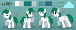 Size: 2800x1120 | Tagged: safe, artist:keyrijgg, oc, oc only, oc:zephyr, pegasus, pony, fanfic:zephyr, auction, bell, bell collar, choker, collar, color palette, commission, green background, heart eyes, reference sheet, simple background, wingding eyes, your character here