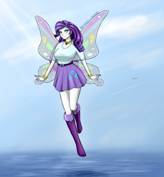 Size: 2500x2700 | Tagged: safe, artist:kewljewel, rarity, equestria girls, g4, sonic rainboom (episode), boots, breasts, busty rarity, butterfly wings, clothes, element of generosity, female, flying, high heel boots, high res, miniskirt, shoes, skirt, solo, wings