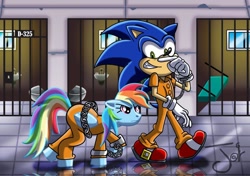 Size: 1024x720 | Tagged: safe, artist:boy-wolf, rainbow dash, g4, bound wings, chained, clothes, cuffs, jail, male, prison, prison outfit, prisoner rd, sonic the hedgehog, sonic the hedgehog (series), story in the comments, walking, wings