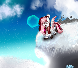 Size: 2064x1794 | Tagged: safe, artist:naaltive, oc, oc only, oc:toricelli, pegasus, pony, :d, cliff, clothes, pegasus oc, scarf, solo, wings, winter